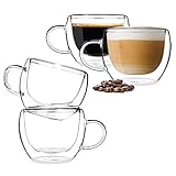 BOQO Glas-Kaffeetassen, doppelwandig, isolierte Trinkgläser mit Griff, perfekt für Latte, Cappuccino, Teebeutel, Getränke-Set, 4 Tassen (150 ml Wassergläser)