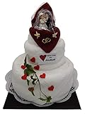 Frotteebox Geschenk Set Hochzeitstorte dreistöckig in Handarbeit geformt aus 1x Duschtuch (140x70cm), 1x Handtuch (100x50cm) und 2X Gästetuch weiß/rot mit Brautpaar H 35