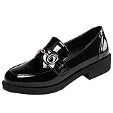 XIEWANG Damen Flache Schleifen Kette Chunky Low Heel Loafers Schuhe, Schwarze Kette., 36 EU