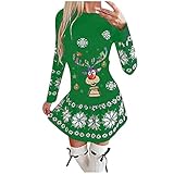 Damen Weihnachtskleid Party Kleider Weihnachts Kostüm Lässig Festliche Geschenk Pulloverkleid Langarm Schneeflock Gedruck Knielang Hoodie Kleid Frauen Strickpullover Kleid Xmas Sw