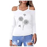 XUNN Damen Tops Einfarbiges Schulterfreies Strass-Muster Langärmliges Damen Oberteil mit Rundhalsausschnitt Frühlings- und Herbst-Langarm-Top Shirt Tunika Tshirt Kleidung