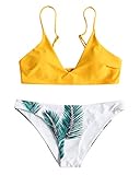ZAFUL Damen Gepolsterter Bikini Set Bademode Badeanzug mit Blatt Pattern Zweiteilig Gelb Larg
