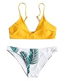 ZAFUL Damen Gepolsterter Bikini Set Bademode Badeanzug mit Blatt Pattern Zweiteilig Gelb M