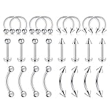 LAURITAMI 24pcs Silber Piercing Stab Ring Pack Set Pack Edelstahl Bauch Augenbrauen Nase Hufeisen Lippen Zunge Ringe Barbell Piercing 14G 16G