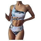 RuiGuio Tankini Badeanzug Damen Eine Schulter Bikini Set Bandeau Schulterfrei Bademode Schnürung Swimsuits Bedruckt Strandkleidung Oberteil Tankini Hoher Taille Bikinihose Sommer (Blau, S)