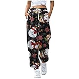 Briskorry Damen Gummibund Jogginghose Lustige Weihnachtshose Funny 3D Print Weihnachts Hose High Waist Freizeithose Lang Bequem Loose Haremshose mit Tasche Sp