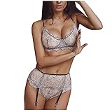 Erotische Dessous-Sets Damen Sexy Mesh Stickerei Unterwäsche Set Push up BH Lingerie Sinnlichem Strapse Bra Brief und Strumpfhalter Verführerisch Erotik Reizwäsche 3 Stück Cami Top