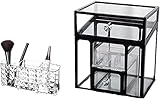 Recet Kosmetik Aufbewahrungsbox Make-up Organizer Kosmetik Aufbewahrung Make-up Pinsel Behälter mit Deckel Staubdicht Weiß Schwarz Kiefer Grün Weiß Perlen (Schwarz-2)