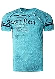 T-Shirt Herren Front Logo Print Verwaschen in Sommer Farben Knopfleiste Rundhals Petrol 245, Farbe:Petrol, Größe S-3XL:XL