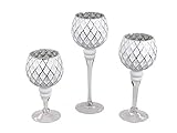 formano 3er Set Glaskelch weiß Silber 20-30 cm Glaswindlicht Teelichthalter W