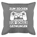 Statement Kissen mit Sprüchen - Zum zocken geboren zur Schule gezwungen weiß - Unisize - Grau - zum zocken geboren kissen - GURLI Kissen mit Füllung - Kissen 50x50 cm und Dekokissen mit Füllung