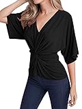 YOINS Sexy Oberteil Damen Elegant Langarmshirt Bluse Damen Chiffon Herbst Choker T-Shirt V-Ausschnitt Tops V Ausschnitt-schwarz XL