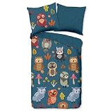Aminata Kids Bettwäsche Eule 135x200 Kinder Baumwolle blau Eulen-Motiv - Kinder-Bettwäsche-Set für Mädchen, Jungen & Jugendliche - Vogelmotiv Uhu Wald-Tiere-Motiv T