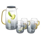 Navaris Wasserkaraffe 1,55 l mit Vier Gläsern - Karaffe aus Glas mit Silikondeckel für kalte und heiße Getränke - Glaskrug Set inkl. Vier G