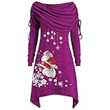 TTWOMEN Weihnachten Damen Langarm Plus Size Pullover Bluse Santa Schneeflocke Print Geraffte Lange Faltkragen Tunika Top