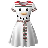 Weihnachtskleid Damen Kurzarm O-Ausschnitt Kleider Vintage Elegante Cocktailkleid Casual Winterkleid A-Linie Herbstkleid Knielang Silvester Kleid Glitzer Abendkleid für Hochzeit(Weiß,M)