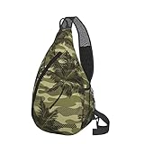 Sling Rucksack Anti-Diebstahl Schulter Brust Crossbody Tasche Casual 3D Print Travel Daypack, Camouflage Tropische Palme Armeegrüne Blätter Schwarz, Einheitsgröß