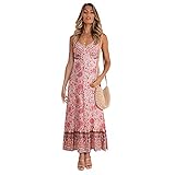 yueyouhuyou Damen Kleid Frauen Casual Floral Vintage Boho Kleid V Hals Sleeveless Swing Spaghetti Strap Sommerkleid Strand Langes Kleid Sommerkleid Reizeitkleid (Color : Pink, Size : Large)