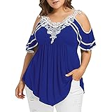 Damen Oversized Sommer Tops Damen Kurzarm V Ausschnitt T Shirts Casual Lace Off Shoulder Bluse Tops Mode Solid Color Plissee Tunika Tops Plus Size Gr. 5X-Large, b