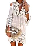 Minetom Damen Kleider Strand Elegant Casual A-Linie Langarm Sommerkleider Boho V-Ausschnitt Quaste Spitze Schulterfrei Tunika Mini Kleider Große Größe B Weiß 42
