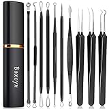 Boxoyx Pickel Popper Tool Kit – 10 Stück Mitesserentferner Komedonenextraktor Werkzeug Kit mit Metallkoffer für schnelle und einfache Entfernung von Pickeln, Stirn, Gesicht und Nase (schwarz)