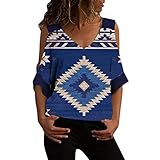 T-Shirt Damen Sommer Kurzarm V Ausschnitt Tops Knopf Stretch Oberteil T-Shirt(D8 - Blue, Large)