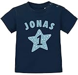 SpecialMe® personalisiertes Baby T-Shirt Name und Zahl 1 zum ersten Geburtstag Motiv Stern Junge/Mädchen Jungen dunkelblau 92/98 (16-24-Monate)