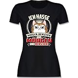 Sprüche Statement mit Spruch - Ich Hasse Morgen-Menschen - Katze - beige - XL - Schwarz - Ich Hasse Morgen-Menschen - L191 - Tailliertes Tshirt für Damen und Frauen T-S