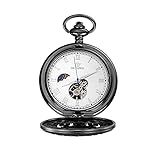 XYZK Mechanische Taschenuhr für Herren, Retro-Stil, römische Ziffern, Gehäuse mit Kette und Taschenuhr (schwarzes Gehäuse, weiße Oberfläche) (schwarzes Gehäuse, weiße Oberfläche)