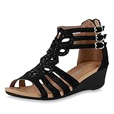 SCARPE VITA Damen Sandaletten Keilsandaletten Strass Sommer Schuhe Keilabsatz Cut-Outs Sommer-Sandaletten 196422 Schwarz Black Braun 36
