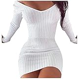 IFOUNDYOU Kleid Bodycon Damen Winter Einfarbig Strickkleid Elegant Sexy Stretch Jumperkleid V-Ausschnitt Ruched Langarm Warm Minikleid Casual Knielang Pulloverkleid Mode Schulterfreies Partyk