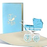 Pop Up Karte mit blauem Kinderwagen aus Papier, Glueckwunschkarte zur Geburt, Baby Shower Boy G13.2