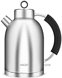 Wasserkocher Edelstahl, ASCOT 1.6 Liter Elektrischer Wasserkocher, BPA frei, Schnurlos mit 2200 Watt, Automatisch Abschaltung, Retro Design Kleiner Reisewasserkocher, Kompakter Teekocher-Silb