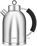 Wasserkocher Edelstahl, ASCOT 1.6 Liter Elektrischer Wasserkocher, BPA frei, Schnurlos mit 2200 Watt, Automatisch Abschaltung, Retro Design Kleiner Reisewasserkocher, Kompakter Teekocher-Silb