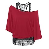 MRULIC Damen Pullover Langarm Schulterfrei Off Shoulder GroßE GrößEn Spitze Lose Casual Tops Bluse Shirt FrüHling Herbst Winter Oberteil Blusen Tuniken(rot,3XL)