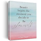 Inspirierende Wandkunst Coco Chanel Zitat 'Beauty Begins the Moment You Decide To Be Yourself', Leinwandgemälde für Zuhause, Wohnzimmer, Wanddekoration, gerahmtes Kunstwerk (30,5 x 38,1 cm)