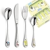 SAFARI Kinderbesteck mit Gravur Set 4-teilig,Bunte Tiere, Kinderbesteck Edelstahl Namensgravur, Besteck Kinder ab 3 Jahre, Kinderbesteck Gravur Name, Taufgeschenk, Geschenke zum Kindergeburtstag