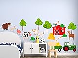 Wandtattoo Bauernhof Kinderzimmer Tiere, Wandsticker Pferd, Traktor, Bauernhofstiere / 100x57