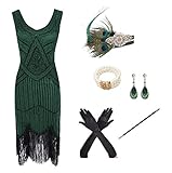 shoperama 20er Jahre Charleston Flapper Damen-Kostüm Grün Pailletten-Kleid mit Fransen und 5-TLG. Pfau Zubehör-Set, Größe:S