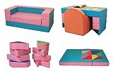 Sofa 4in1 Kindersofa Spielsofa mit Bettfunktion Matratze Spieltisch Puzzle Sofa Kindermöbel Kindersofa Schaumstoff Spiel Sofa Kindercouch Ausklappbar Spilsofa für Kinder Sofa (Rosa+Hellbalu)