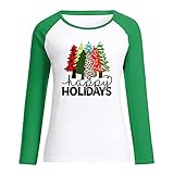 Masrin Happy Holidays Trendige Oberteile Damen T Shirt mit Weihnachtsbaum Druck Pullover mit farblich passenden Nähten Tunika mit O Ausschnitt und Langen Ärmeln Liebhab