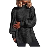 Rollkragenpullover Damen Baumwolle Pullover DüNn V Ausschnitt Strickpullover Mit Zopfmuster,Seitenteilung Pullis Warm Wollpullover Oversize Vintage Jumper Gefüttert Langarmshirt Oberteil(Schwarz,L)