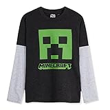 Minecraft Tshirt Kinder, Langarm Shirt Jungen und Mädchen Gaming Mob Graphic, Baumwolle T-Shirt Kinder und Teenager, Geschenke für Kinder (Schwarz/Grau, 11-12 Jahre)