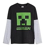 Minecraft Tshirt Kinder, Langarm Shirt Jungen und Mädchen Gaming Mob Graphic, Baumwolle T-Shirt Kinder und Teenager, Geschenke für Kinder (Schwarz/Grau, 5-6 Jahre)