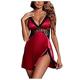Damen Spitze Nachtkleid V-Ausschnitt Satin Schlafanzug Kurz Sexy Pyjama Schlafanzug Ärmellos Babydoll Dessous Kleid Negligee Cami Top Lingerie Reizwäsche Sleepwear mit String