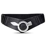 JasGood Damen Breiter Elastischer Taillengürtel, Mode Vintage Hüftgürtel mit Silberner Ring-Schließe, Schwarz, L