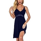 Damen Sexy Spitzen-Modal-Nachthemd V-Ausschnitt Babydoll Straps-Pyjama, leger, einfarbig, Patchwork Perspektive Nachtwäsche, marineblau, 48