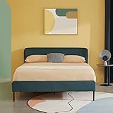 SETORE Stahl-Plattformbettrahmen mit gepolstertem Kopfteil und Holzlattenrost/Matratzenbasis/Keine Boxspring erforderlich/Bed-in-a-Box/Schnelle, einfache Montage/ 140 x 200