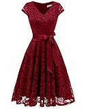 BeryLove Damen V-Ausschnitt Kurz Brautjungfer Kleid Cocktail Party Floral Kleid BLP7006DarkRedM