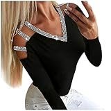 TWBB Sexy Schulterfrei Oberteil Kurzarm Bluse Damen Elegant V-Ausschnitt Glitzer Pailletten Blouse Bling Patchwork Einfarbig T-Shirt Hemd (Schwarz_LangeÄrmel, L)